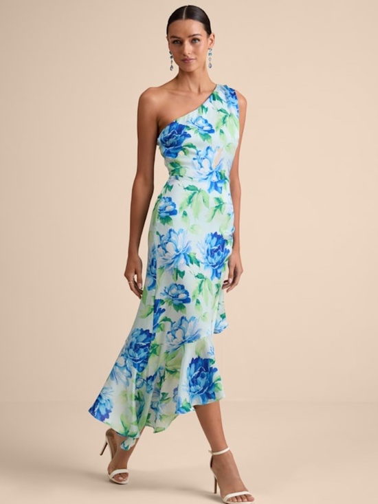 Lulus Dresses & Skirts - Lulus Divinely Blooming Lime Multi Floral One-shoulder Midi Dress Green - Size S